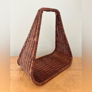 Vintage Wicker Magazine Basket: Log Holder;  Mid-Century Modern Towel Rack